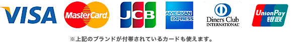 VISA, MASTER CARD, JCB, AMERICAN EXPRESS, Diners Club, Union Pay (은련) ※ 상기 브랜드의 카드도 사용할 수 있습니다.